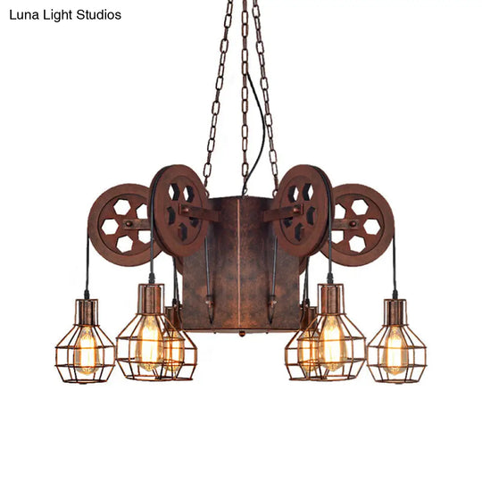 Industrial Metal Rust Pendant Lamp - Caged Globe 4/6-Light Chandelier With Gear Fixture