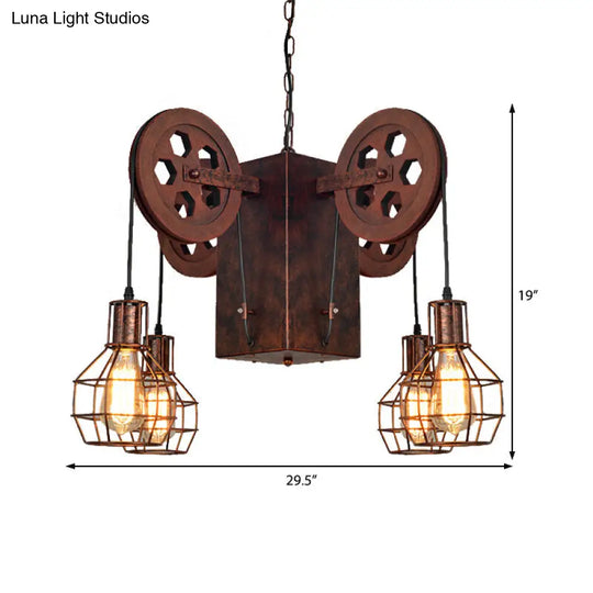 Industrial Metal Rust Pendant Lamp - Caged Globe 4/6-Light Chandelier With Gear Fixture