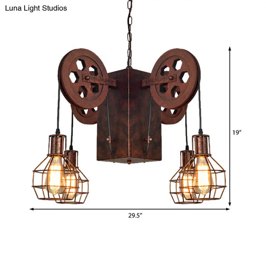 Industrial Metal Rust Pendant Lamp With Caged Globe - 4/6 Light Chandelier Fixture And Gear