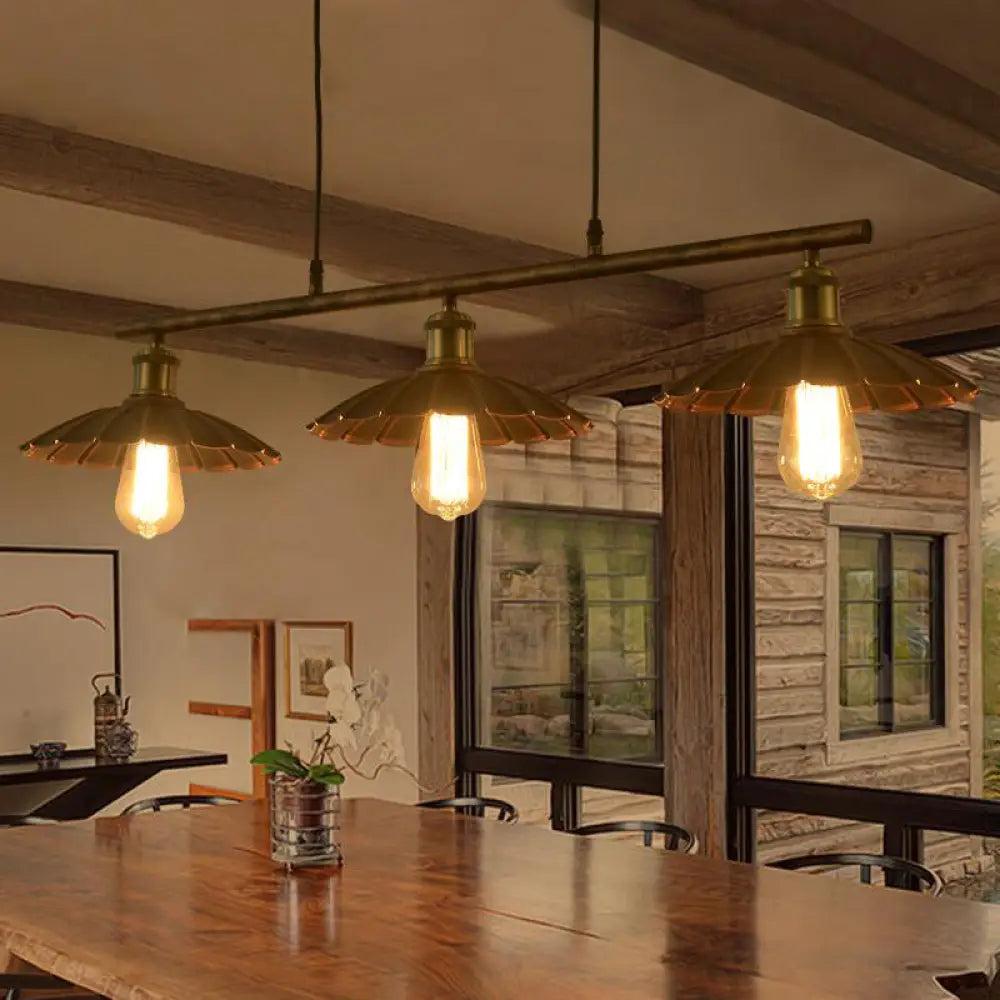 Industrial Metal Rust Scalloped Suspended Lighting Fixture - Bistro 3-Bulb Island