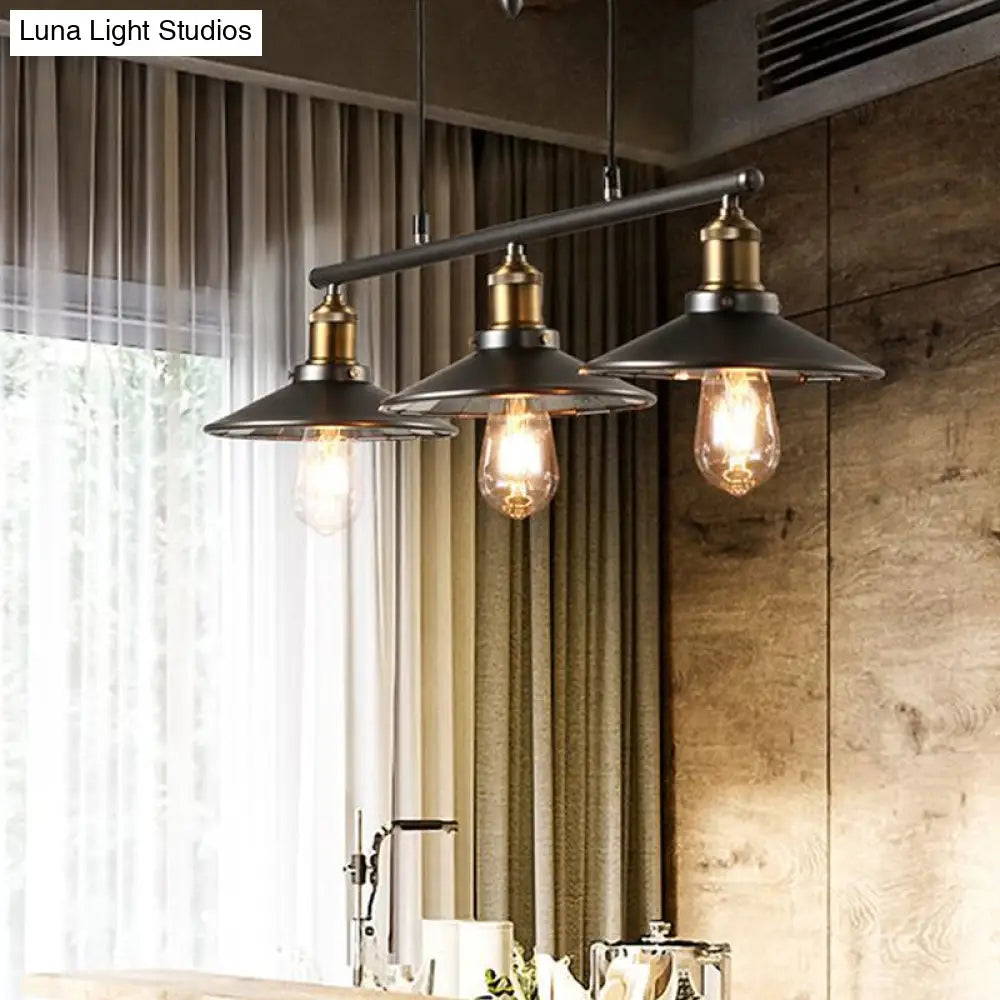 Industrial Metal Saucer Foyer Island Light With Pulley - 3 Black Hanging Lights