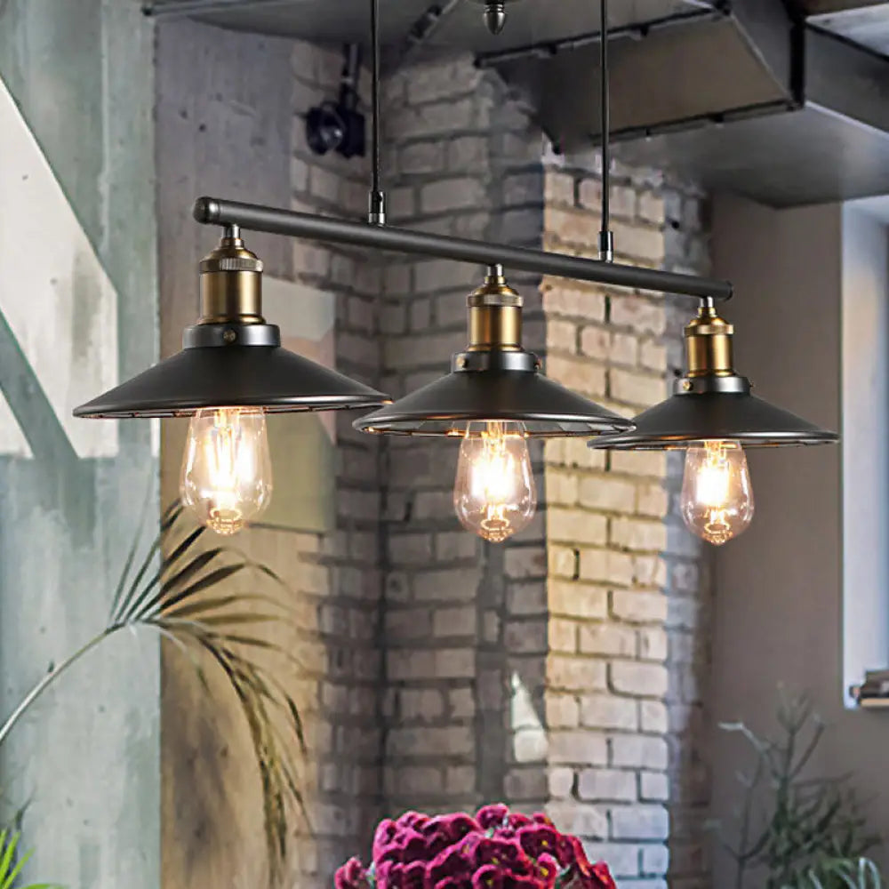 Industrial Metal Saucer Foyer Island Light With Pulley - 3 Black Hanging Lights