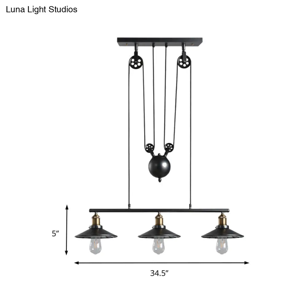 Industrial Metal Saucer Foyer Island Light With Pulley - 3 Black Hanging Lights