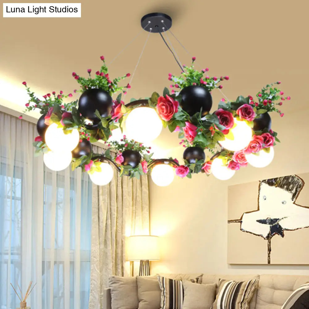 Industrial Metal Sphere Ceiling Lamp With Flower Decoration - 8 Bulbs Black. Perfect For Living Room