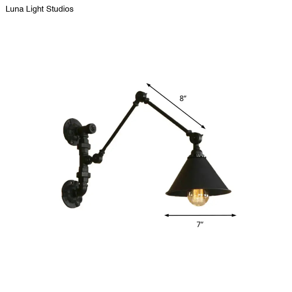 Industrial Metal Swing Arm Bedroom Wall Sconce - Black Mount Light With Cone Shade (7/8.5 Wide)