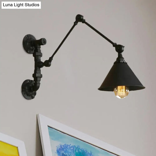 Industrial Metal Swing Arm Bedroom Wall Sconce - Black Mount Light With Cone Shade (7/8.5 Wide)