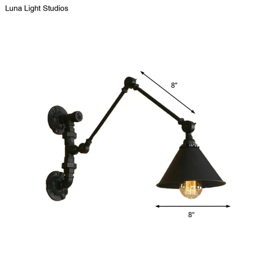 Industrial Metal Swing Arm Bedroom Wall Sconce - Black Mount Light With Cone Shade (7/8.5 Wide)