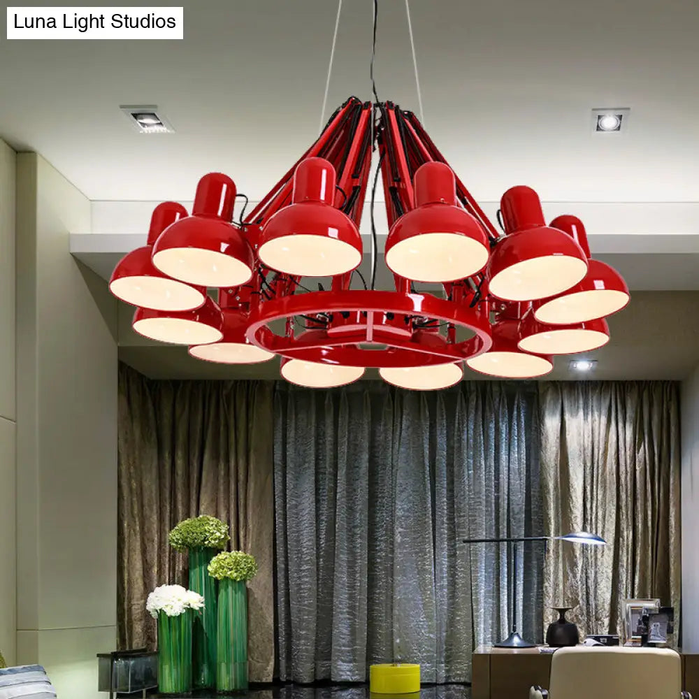 Black/Red Swing Arm Chandelier Lamp With Industrial Metal Finish - 12 Bulbs Hanging Lighting Dome