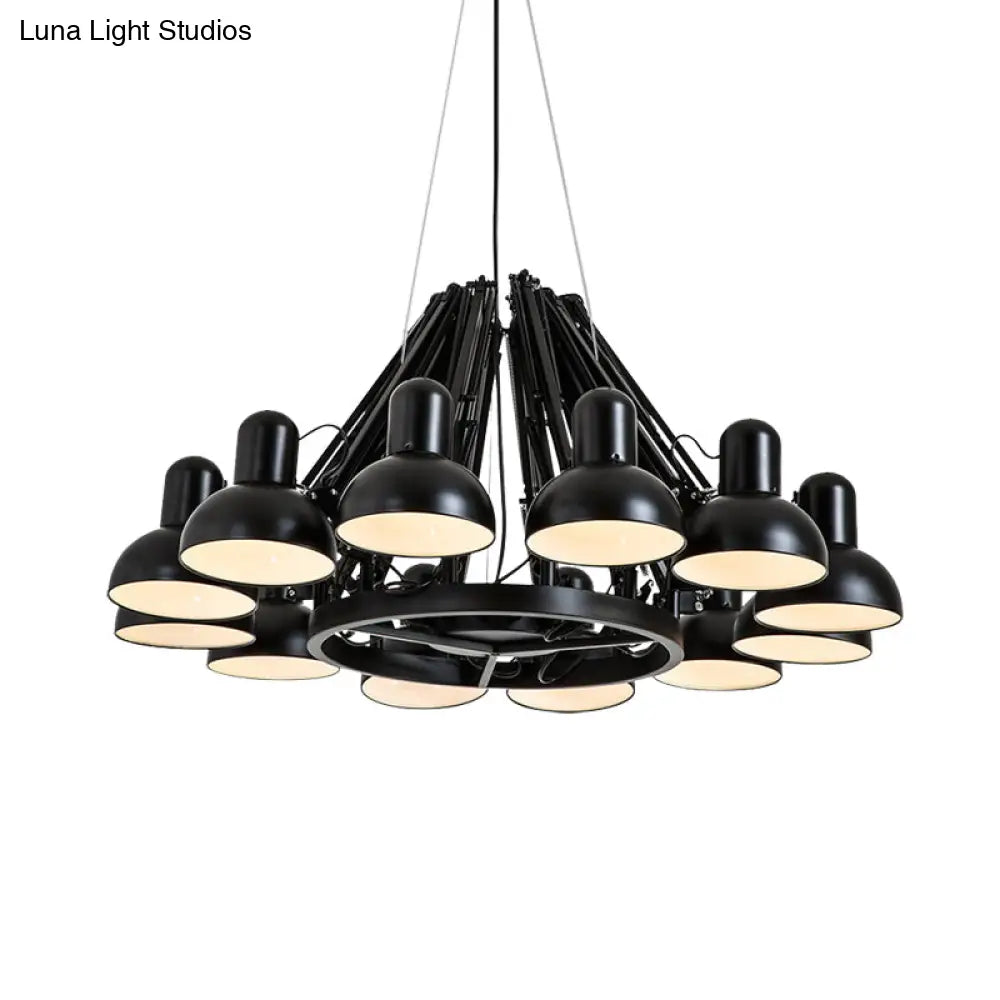 Industrial Metal Swing Arm Chandelier Lamp With Dome Shade And 12 Black/Red Bulbs For Living Room