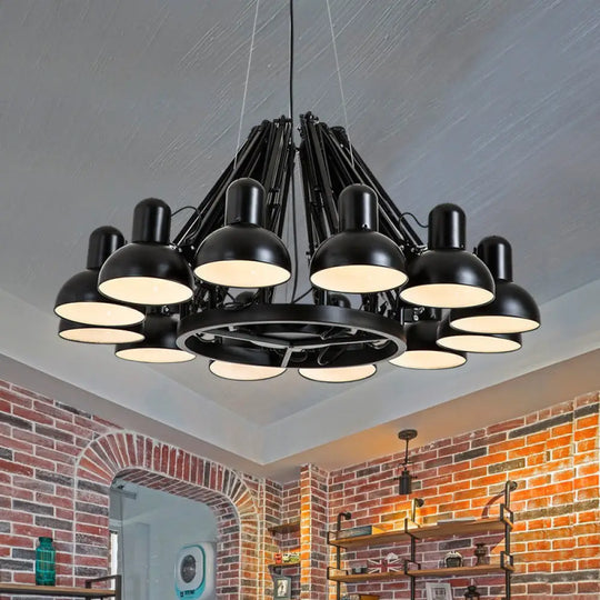 Industrial Metal Swing Arm Chandelier Lamp With Dome Shade And 12 Black/Red Bulbs For Living Room