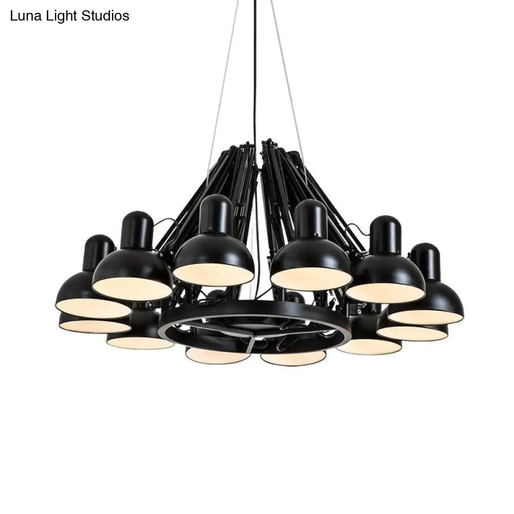 Black/Red Swing Arm Chandelier Lamp With Industrial Metal Finish - 12 Bulbs Hanging Lighting Dome