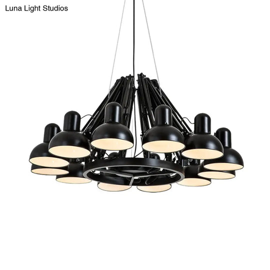 Black/Red Swing Arm Chandelier Lamp With Industrial Metal Finish - 12 Bulbs Hanging Lighting Dome