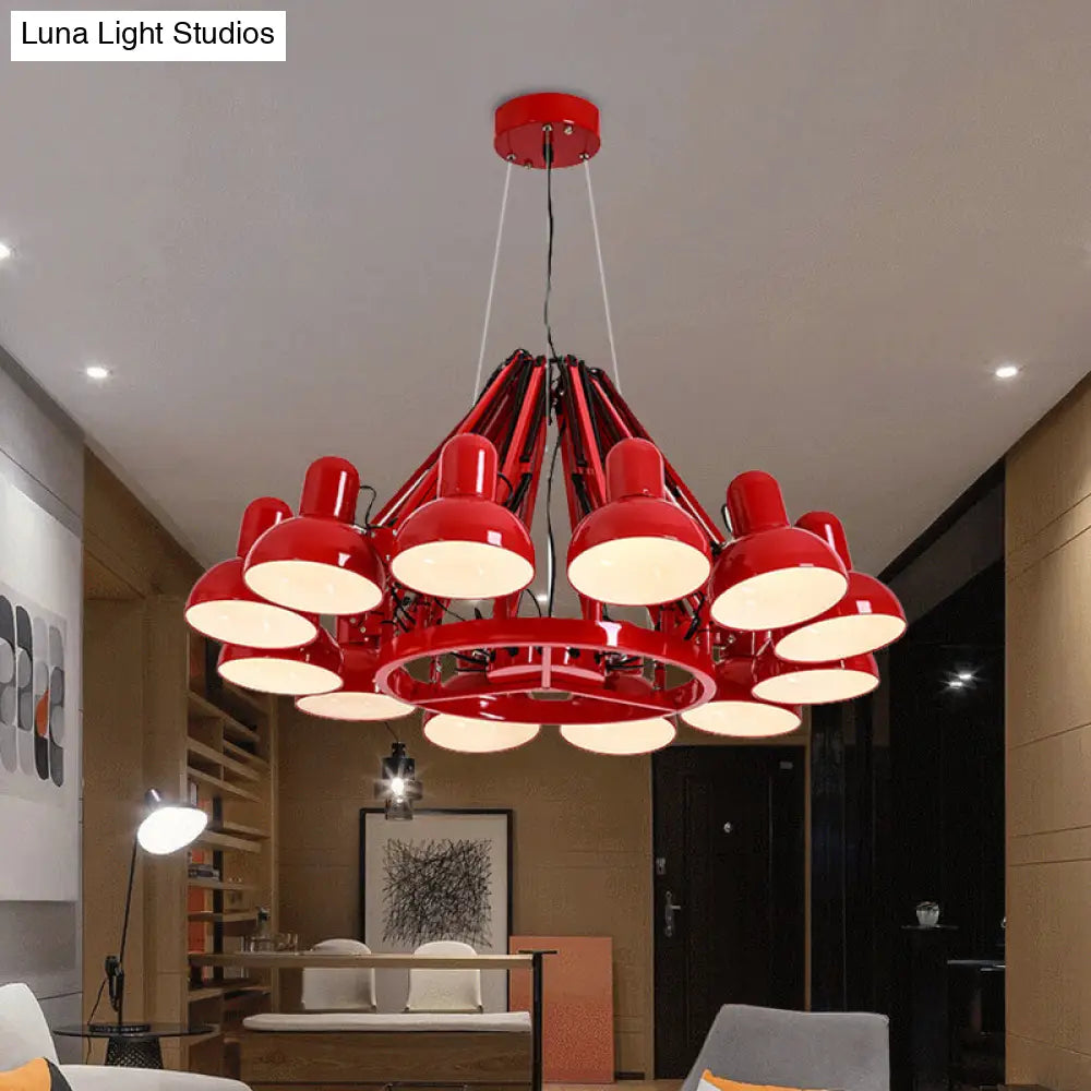 Black/Red Swing Arm Chandelier Lamp With Industrial Metal Finish - 12 Bulbs Hanging Lighting Dome