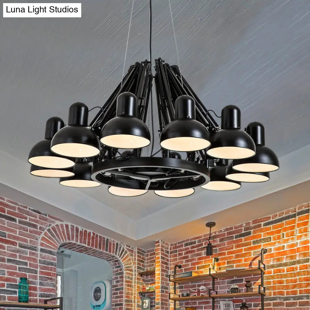 Black/Red Swing Arm Chandelier Lamp With Industrial Metal Finish - 12 Bulbs Hanging Lighting Dome