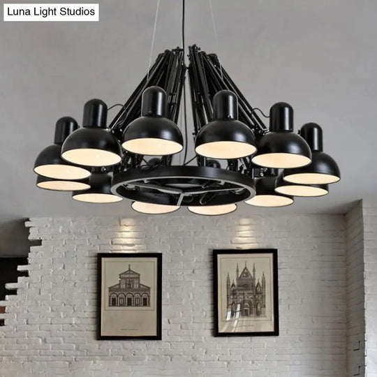 Industrial Metal Swing Arm Chandelier Lamp With Dome Shade And 12 Black/Red Bulbs For Living Room