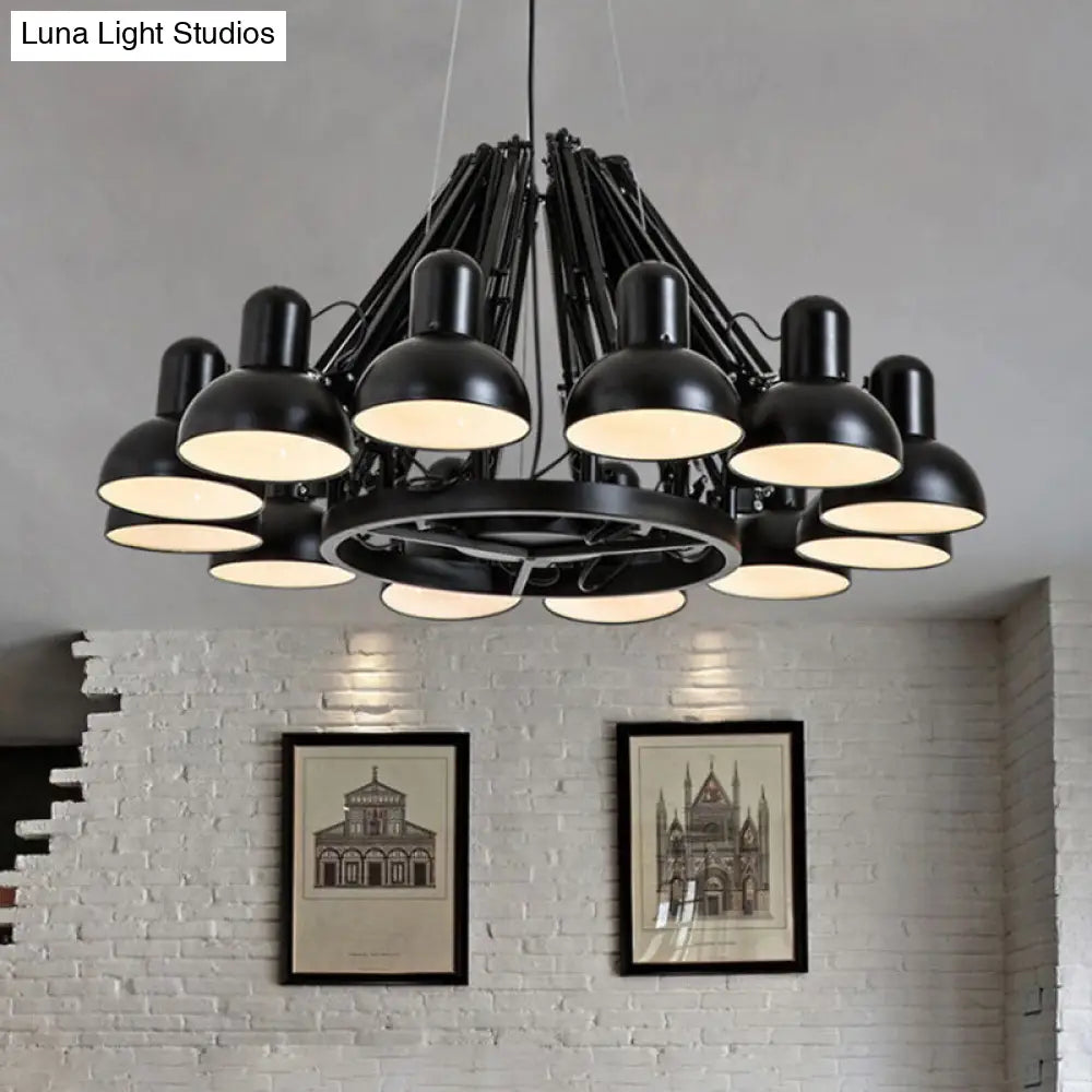 Black/Red Swing Arm Chandelier Lamp With Industrial Metal Finish - 12 Bulbs Hanging Lighting Dome