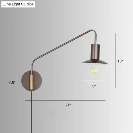 Industrial Metal Swing Arm Sconce Lamp With Saucer Lampshade - Single Living Room Reading Light