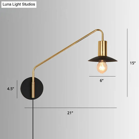Industrial Metal Swing Arm Sconce Lamp With Saucer Lampshade - Single Living Room Reading Light