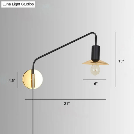 Industrial Metal Swing Arm Sconce Lamp With Saucer Lampshade - Single Living Room Reading Light