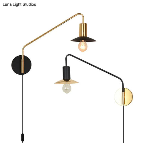 Industrial Metal Swing Arm Sconce Lamp With Saucer Lampshade - Single Living Room Reading Light