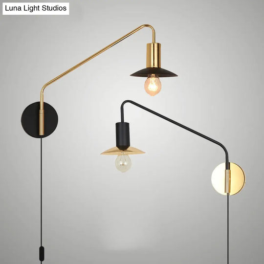 Industrial Metal Swing Arm Sconce Lamp With Saucer Lampshade - Single Living Room Reading Light