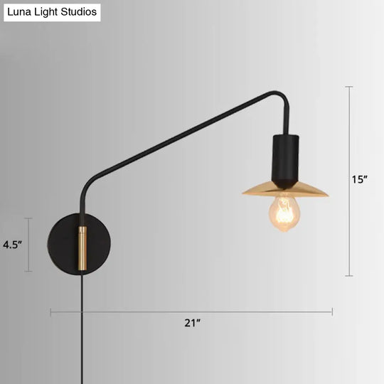 Industrial Metal Swing Arm Sconce Lamp With Saucer Lampshade - Single Living Room Reading Light