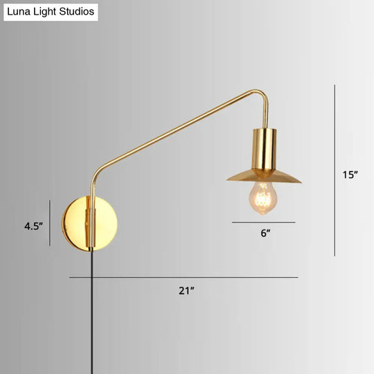 Industrial Metal Swing Arm Sconce Lamp With Saucer Lampshade - Single Living Room Reading Light