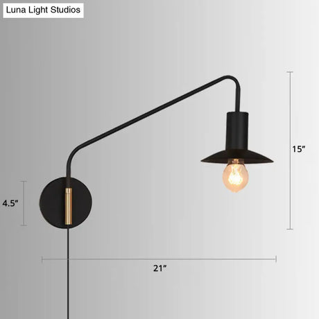 Industrial Metal Swing Arm Sconce Lamp With Saucer Lampshade - Single Living Room Reading Light