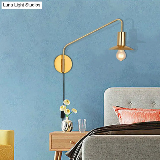 Industrial Metal Swing Arm Sconce Lamp With Saucer Lampshade - Single Living Room Reading Light