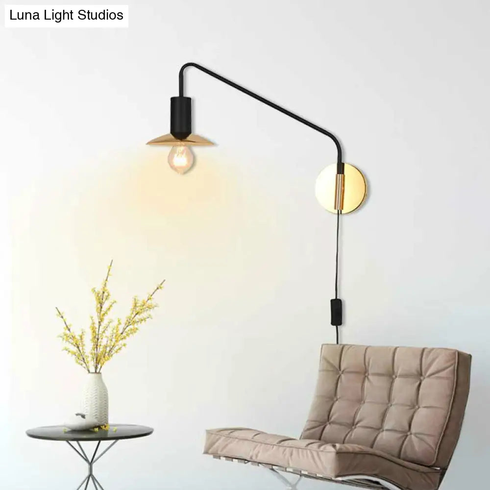 Industrial Metal Swing Arm Sconce Lamp With Saucer Lampshade - Single Living Room Reading Light