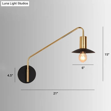 Industrial Metal Swing Arm Sconce Lamp With Saucer Lampshade - Single Living Room Reading Light