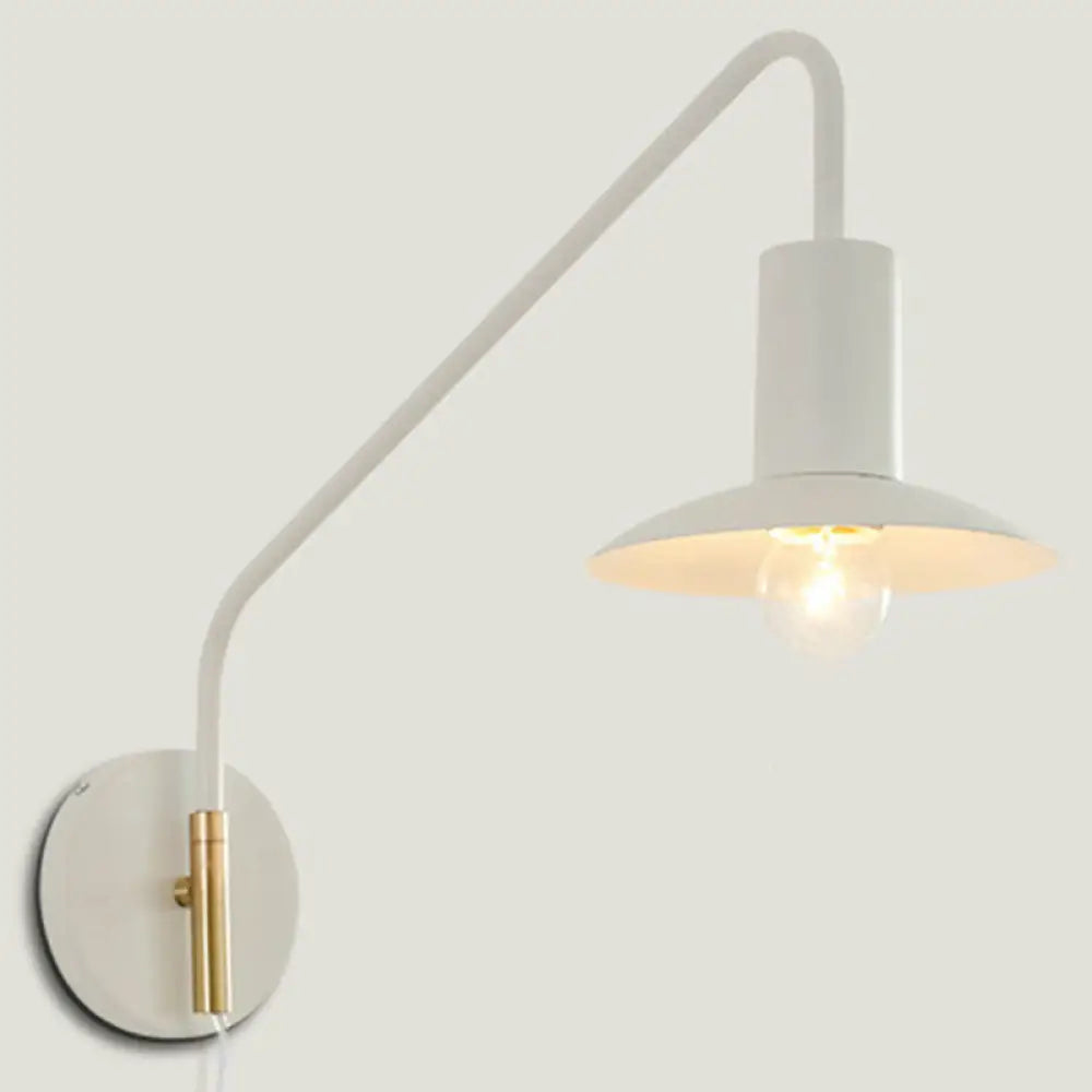 Industrial Metal Swing Arm Sconce Lamp With Saucer Lampshade - Single Living Room Reading Light