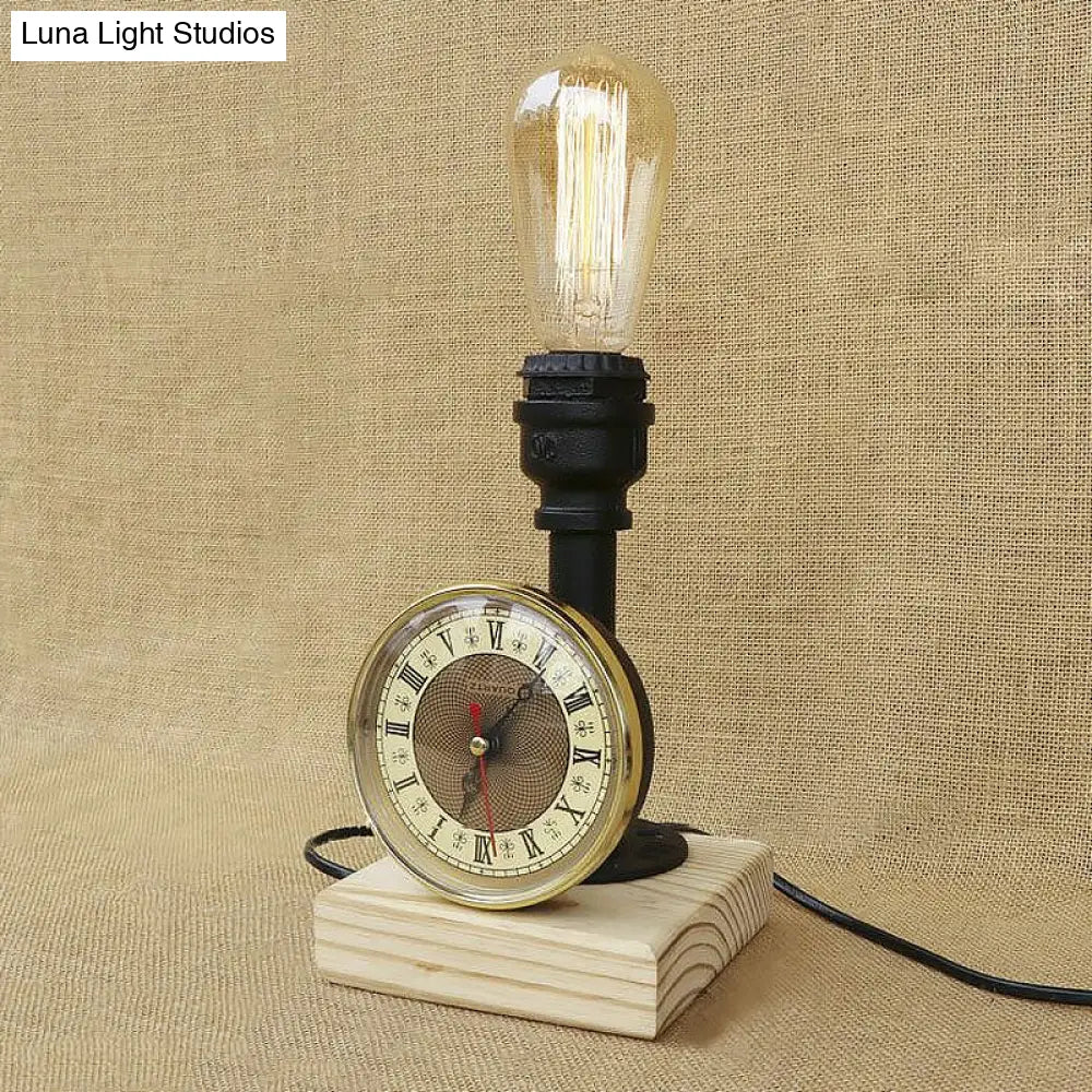 Industrial Metal Table Lamp With Clock And Wood Base - Black Finish