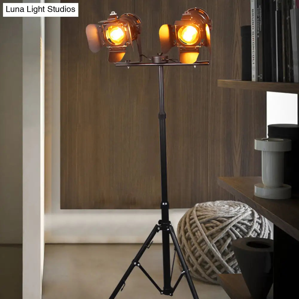 Industrial Metal Tripod Floor Lamp With 2 Lights - Black/Red Shades Ideal For Living Room