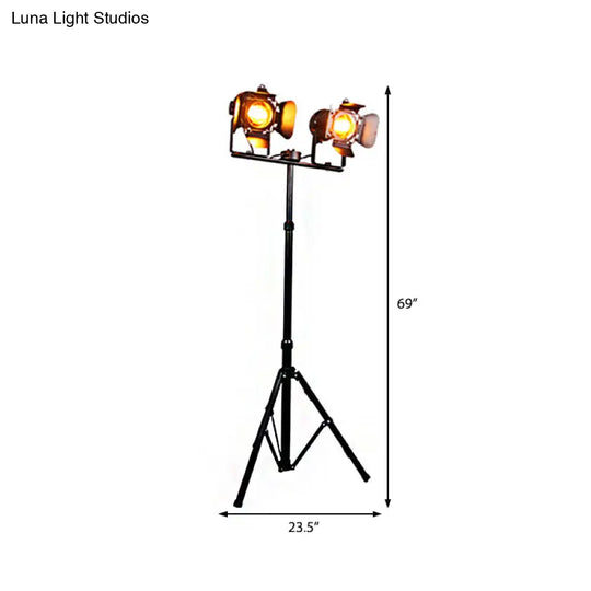 Industrial Metal Tripod Floor Lamp With 2 Lights - Black/Red Shades Ideal For Living Room