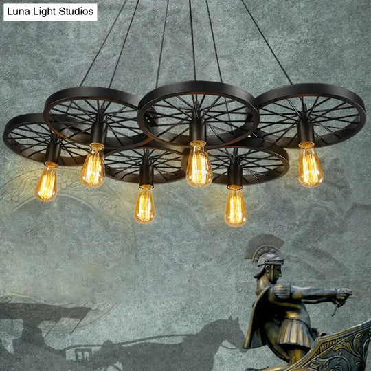 Wagon Wheel Bar Pendant Lamp - Industrial Metal Multihanging Light Fixture 6 / Black