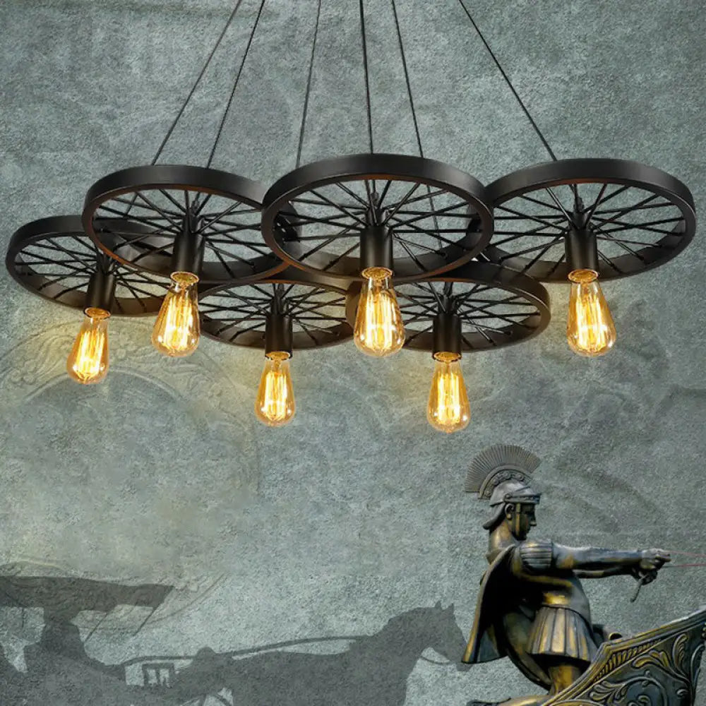 Industrial Metal Wagon Wheel Bar Pendant Lamp | Multi Hanging Light Fixture 6 / Black