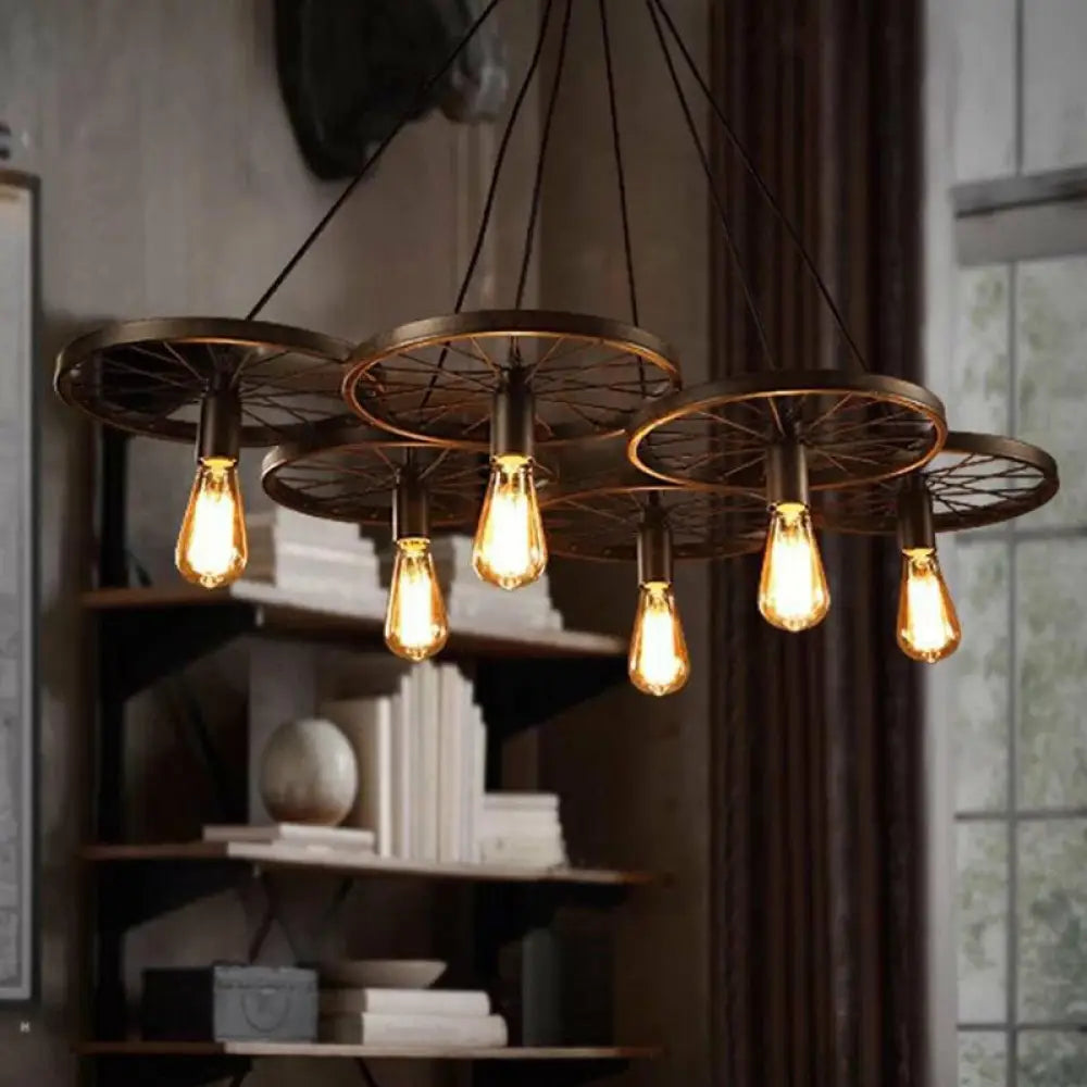 Industrial Metal Wagon Wheel Bar Pendant Lamp | Multi Hanging Light Fixture 6 / Rust