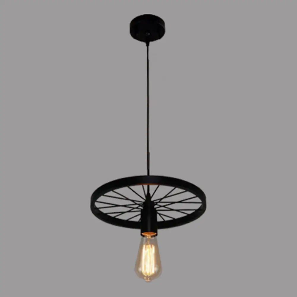 Industrial Metal Wagon Wheel Pendant Lamp: Black Hanging Light Fixture For Restaurants 1 /