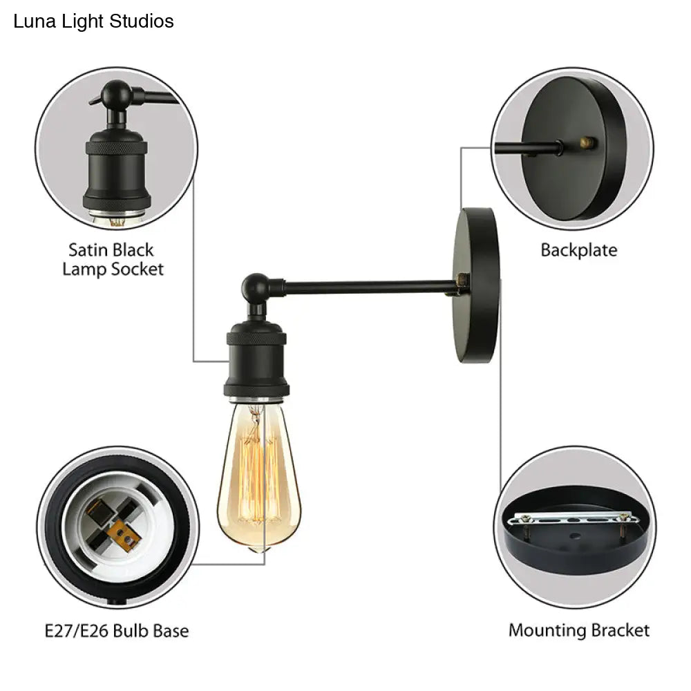 Industrial Metal Wall Lamp - Black/Brass Finish 1 Head Mini Sconce Lighting With Bare Bulb For