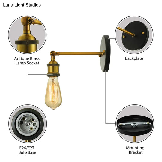 Industrial Metal Wall Lamp - Black/Brass Finish 1 Head Mini Sconce Lighting With Bare Bulb For