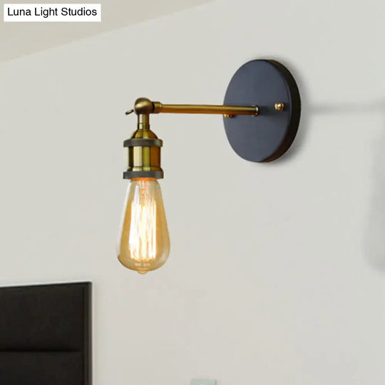 Industrial Metal Wall Lamp - Black/Brass Finish 1 Head Mini Sconce Lighting With Bare Bulb For