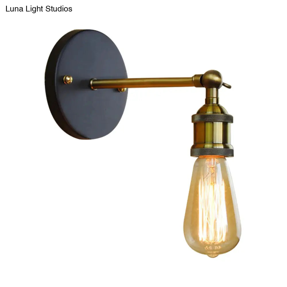 Industrial Metal Wall Lamp - Black/Brass Finish 1 Head Mini Sconce Lighting With Bare Bulb For