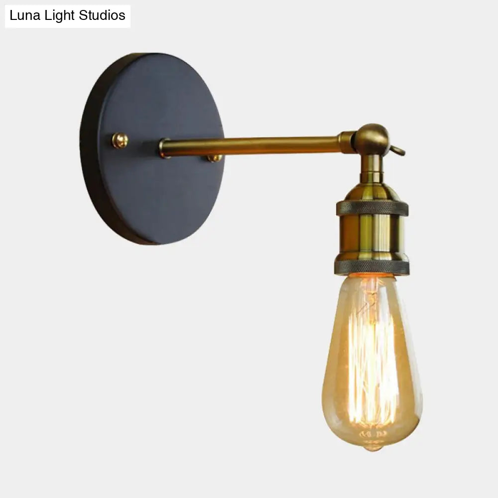 Industrial Metal Wall Lamp - Black/Brass Finish 1 Head Mini Sconce Lighting With Bare Bulb For