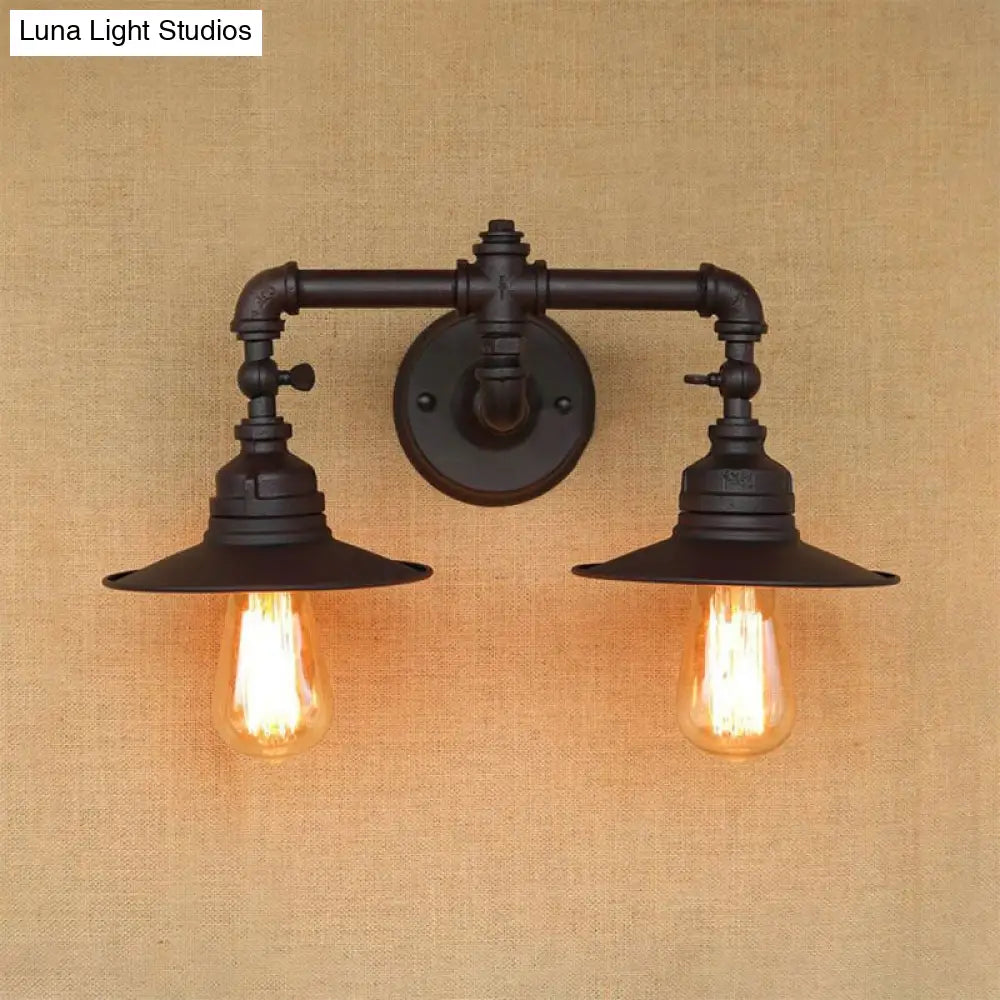 Industrial Metal Wall Lamp Sconce With Flared Shade 2 Lights Black Finish