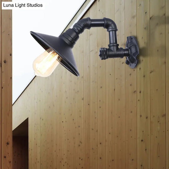 Industrial Metal Wall Light: Matte Black Piped Mount With Cone Shade For Corridor 1 Head