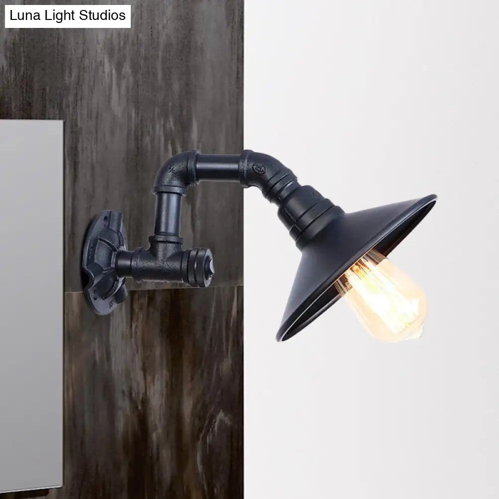 Industrial Metal Wall Light: Matte Black Piped Mount With Cone Shade For Corridor 1 Head