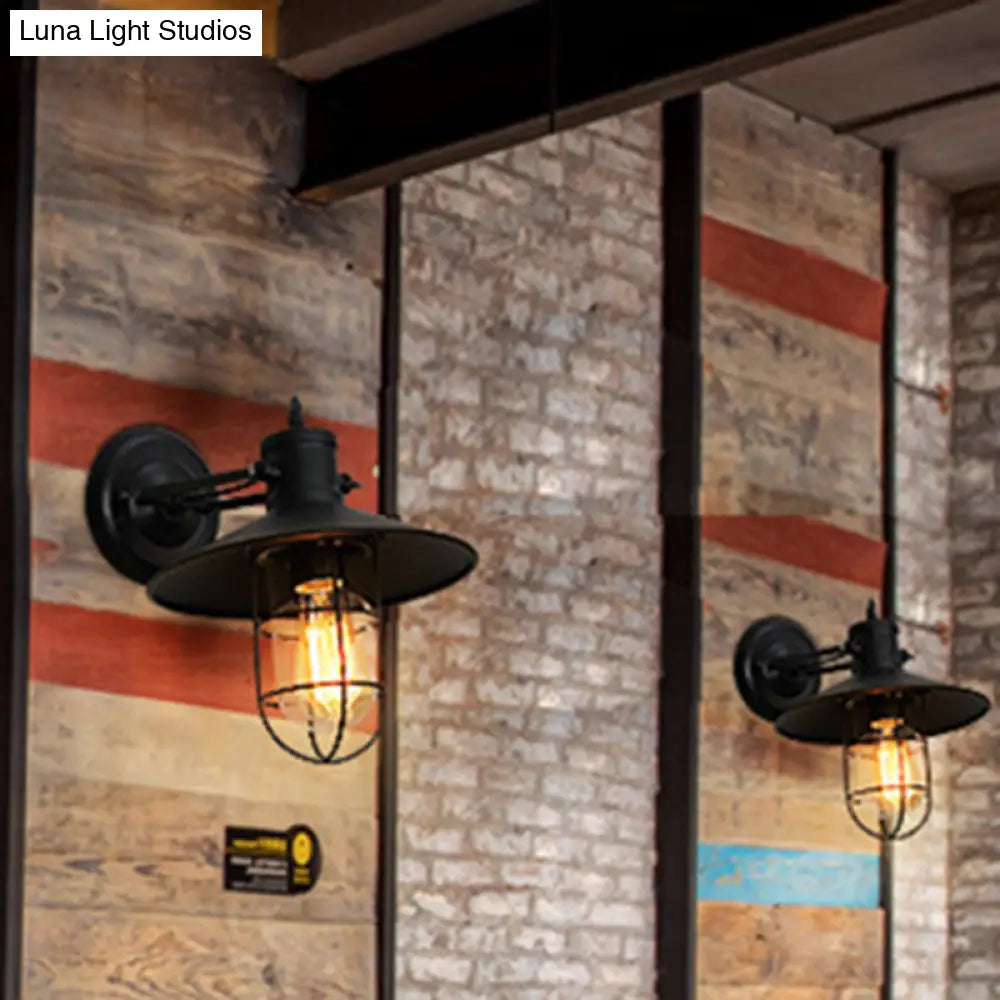 Industrial Metal Wall Mount Lamp With Black Shade - 1 Head Corridor Lighting