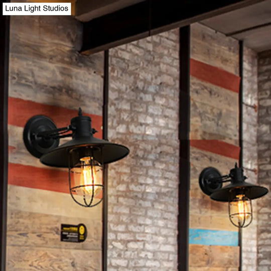 Industrial Metal Wall Mount Lamp With Black Shade - 1 Head Corridor Lighting