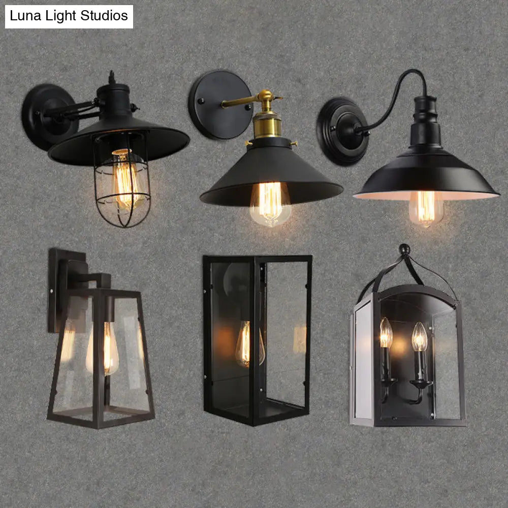 Industrial Metal Wall Mount Lamp With Black Shade - 1 Head Corridor Lighting